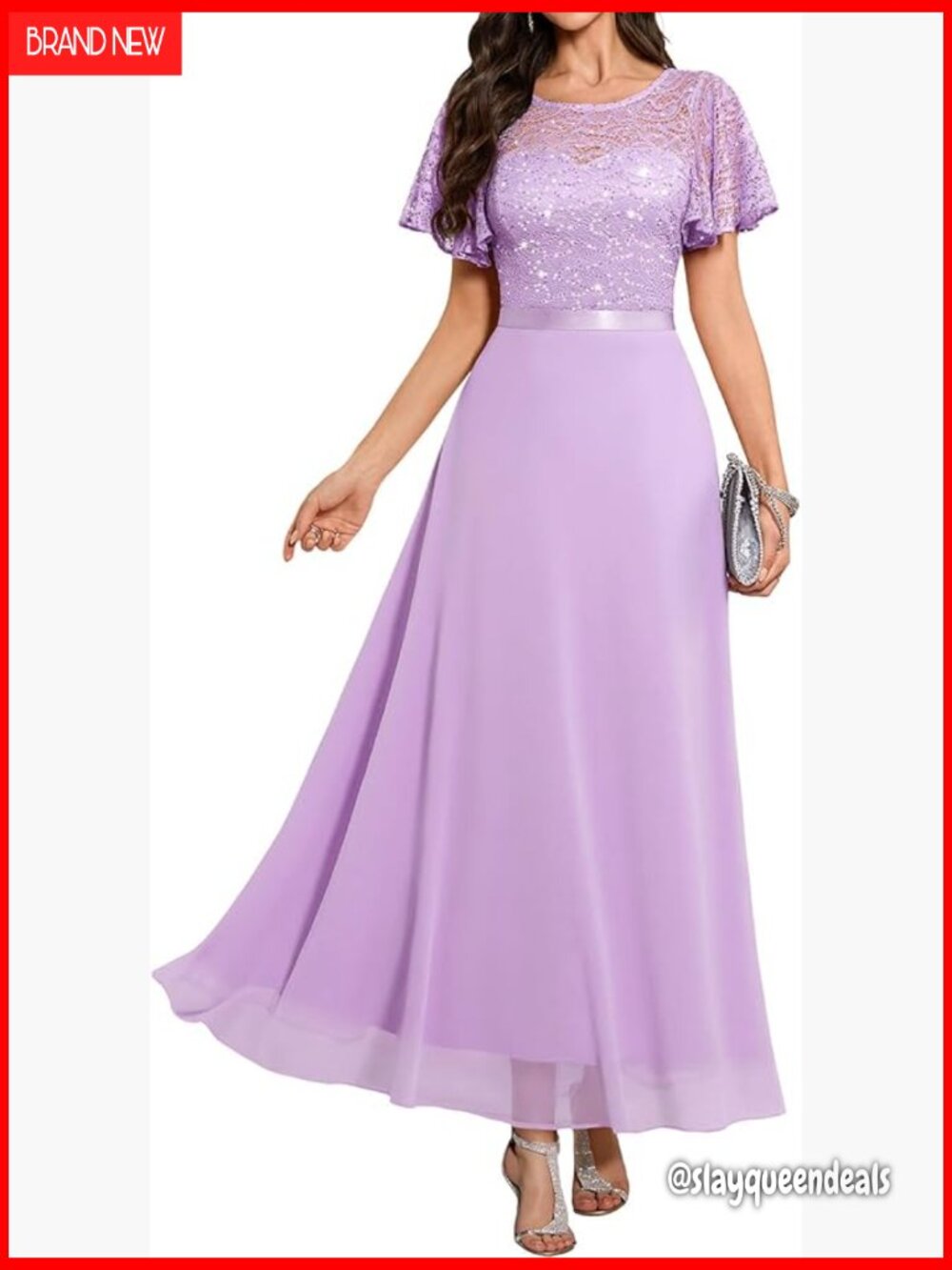 Women's Formal Long Sequin Lace Dress with Butterfly Sleeves